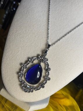 Blue Cat's Eye Glass Teardrop Pendant-Rhinestone Filigree- Silver Tone -Vintage